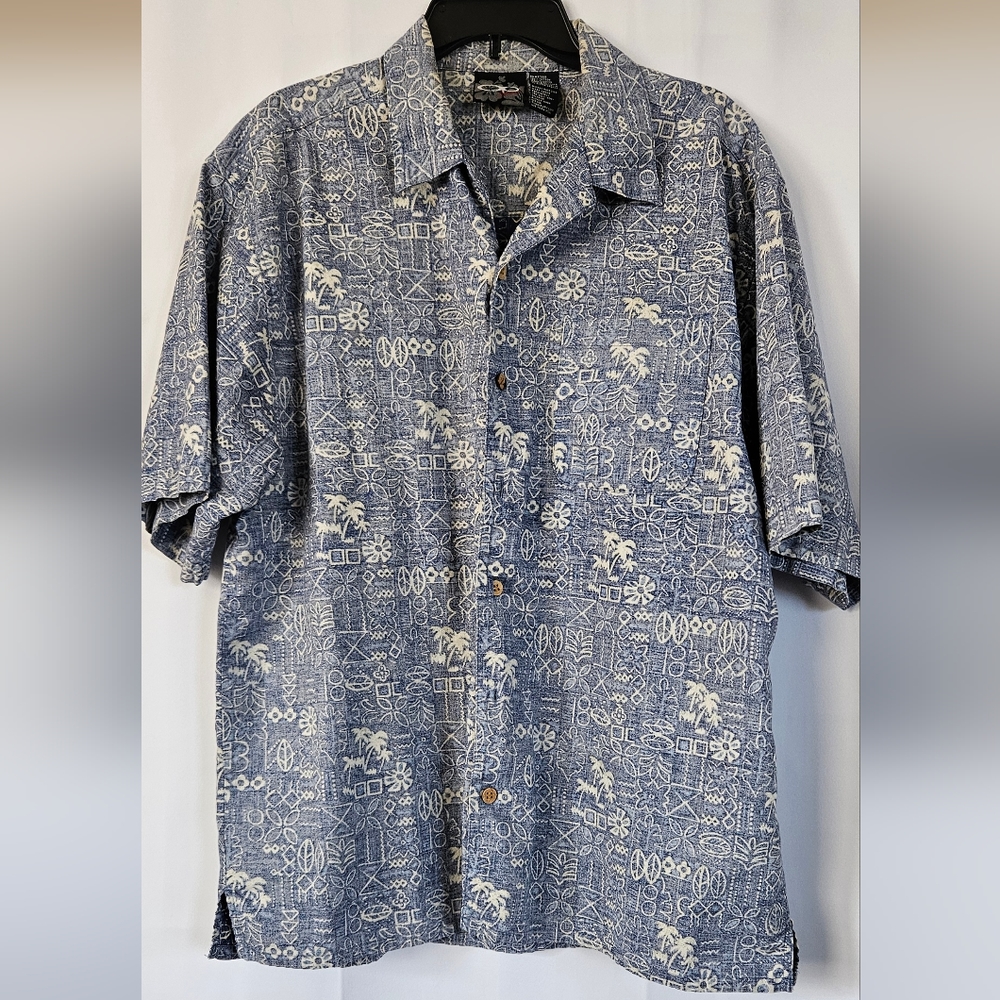 OP Sport blue and white Hawaiian print short sleeve shirt size XL‎